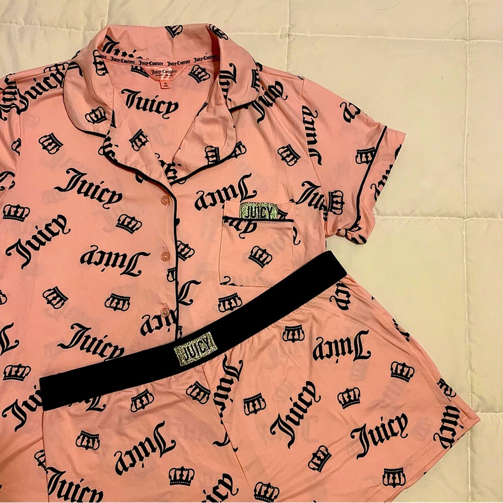 Juicy Couture: Intimates & Sleepwear set in baby pink; button up night shirt